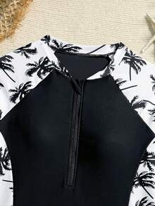SHEIN 花卉拼接吊带泳衣套装，长袖泳装沙滩罩衫，夏季度假防晒服，适合圣诞节、新年、情人节等节日穿着，少女款长袖泳装 - 黑與白 - 查看 4