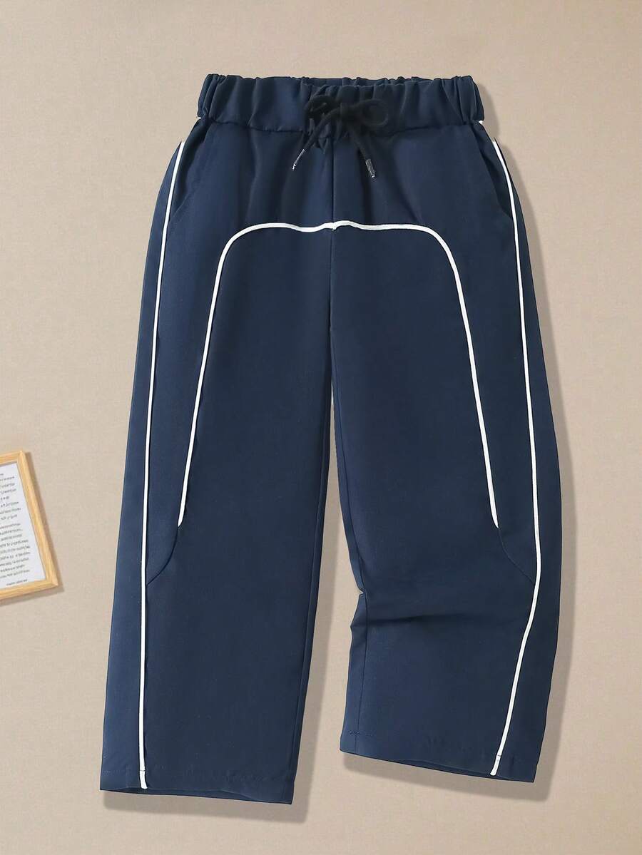 SHEIN Casuvi Kids Young BoyFashionable & Versatile Drawstring Loose Fit Straight Leg Cargo Pants, Autumn/Winter - Navy Blue - View 1