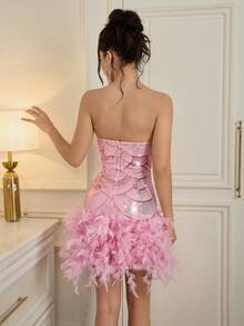 Poshira 迷你性感亮片扇形珍珠设计露背抹胸仿羽毛设计派对连衣裙，适合生日派对、约会、音乐节、鸡尾酒会、派对和日常穿着，情人节也适用。 - 粉色 - 查看 3