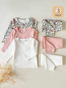SHEIN Bộ 3 áo liền quần cổ tròn in họa tiết hoa toàn thân cho bé gái và quần legging gân màu tương phản - Nhiều màu - Xem 7