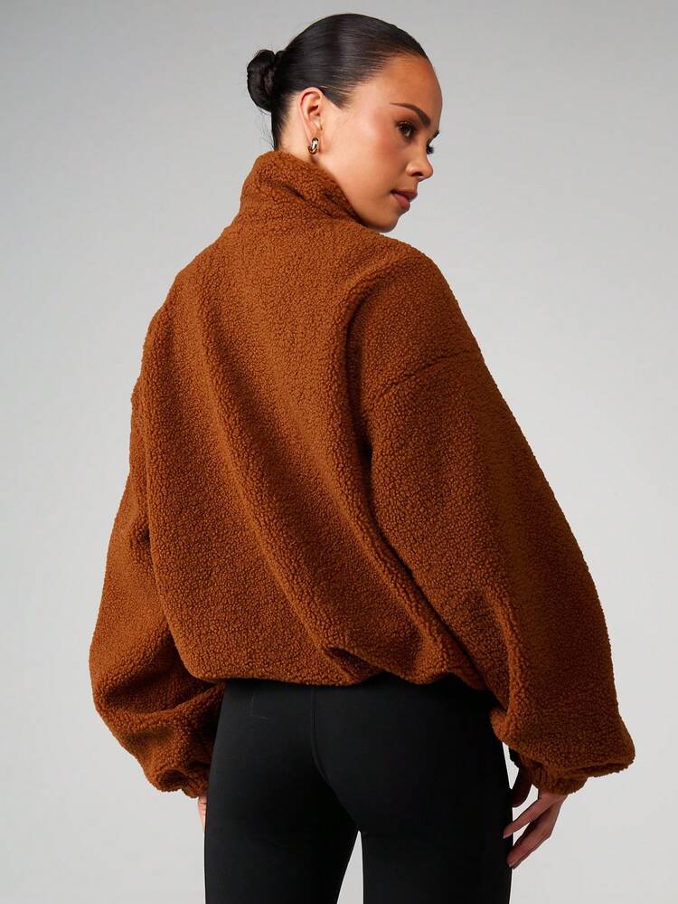 MISSGUIDED Cozy Borg Fleece Zip Through Jacket With Contrast Nylon Chest Pocket Panel Winter Outerwear