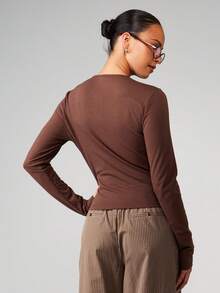 MISSGUIDED Áo dài tay cổ tròn dáng ôm, cài cúc bất đối xứng, màu nâu cổ điển, thời trang thu đông. - Cà phê nâu - Xem 2