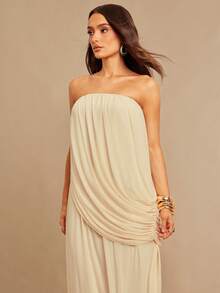 Silquee 女士纯色褶皱优雅派对连衣裙，适合圣诞节、约会、外出、夜店派对、聚会、优雅派对、日常约会、伴娘礼服、婚礼季、鸡尾酒会等场合。 - 杏色 - 查看 5