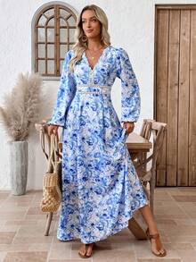 EMERY ROSE 女士V领印花优雅收腰灯笼袖连衣裙，适合度假和派对穿着 - 藍色 - 查看 4