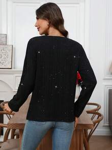 EMERY ROSE Women's Fashionable Silver Foil Round Neck Long Sleeve T-Shirt, Autumn Black Sparkly Top Bling Top Women Long Sleeve Tops Tops For Women Elegant Elegant Women's Blouses Sparkly Top - Multicolor - View 2