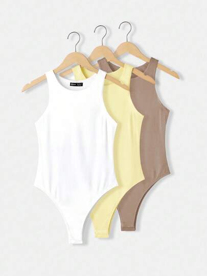 SHEIN BASICS 3pcs/Set Casual Crew Neck Sleeveless Fitted Solid Color Knit Bodysuit For Women/Summer