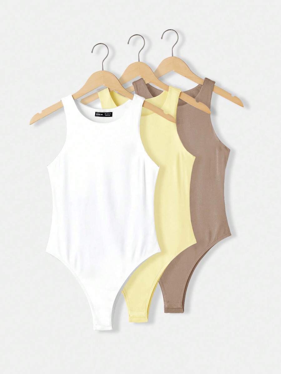 SHEIN BASICS 3件套休闲圆领无袖修身纯色针织女式紧身衣 - 卡其色 - 查看 1
