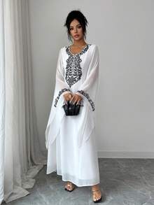 Elenzga Chic Women's White Fabric Long Dress With Geometric Pattern V-Neck And Elegant Cloak Sleeves - White - View 4