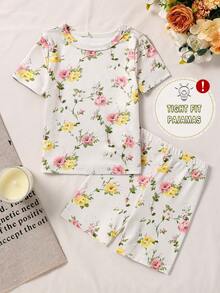 2 件装婴儿和女婴简约花卉印花短袖连体衣和短裤睡衣套装 - 彩色 - 查看 1