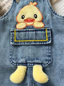 Playful Pals 1pc Baby Boys Vintage Casual Denim Overalls With Cute Duck Print, Loose Fit Bib Pants, Suitable For Spring And Autumn Seasons - Medium Wash - View 3