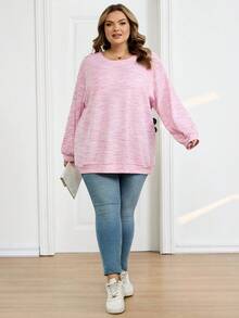 SHEIN CURVE+ 大码女式彩色华夫格针织套头卫衣，秋冬季 - 粉色 - 查看 6