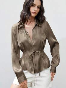 Aveloria Modichic New Fashionable Minimalist Elegant Women's Blouse With Lapel, Lustrous Satin Waist Drawstring, Slim Fit Long Sleeve Shirt - Coffee Brown - View 2