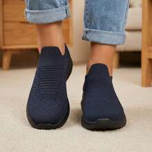 Mujer Zapatillas Deportivas Slip On De Tejido De Punto Transpirable Tipo Calcetín Suela Gruesa Azul Marino - Azul Marino - Ver 3