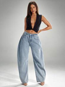 Pantalones de mujer pantalones vaqueros pantalones anchos pantalones de mezclilla mujer pantalones baggy pamtalones mujer pantalones de mujer mezclilla pantalones de mujer curvy - Gris - Ver 4