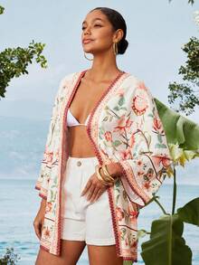 Travachic Women's Floral Print Long Sleeve Loose Casual Kimono Shirt - Pink - View 4