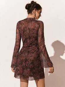 Poéselle Women's Mini Dress With Stand Collar, Straight Shoulders, Flared Sleeves, Slim Fit, And All-Over Floral Print - Red Violet - View 2