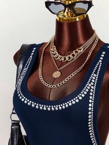 Amplova Sexy Rhinestone Embellished Backless Bodysuit For Women Navy Blue Bodysuit - Navy Blue - View 5