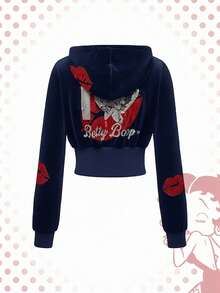 Betty Boop | ROMWE Bộ áo hoodie và quần nhung họa tiết Betty đính đá lấp lánh phong cách Y2K. - Màu xanh hải quân - Xem 4
