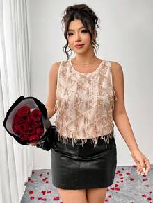 Elenzga New Sequin Patchwork Sleeveless Shirt, Round Neck, Versatile Streetwear, Plus Size