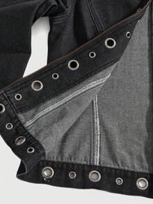 ROMWE J-Fashion Vintage Distressed Rivet Punk Rock Biker Denim Jacket For Women - Black - View 5