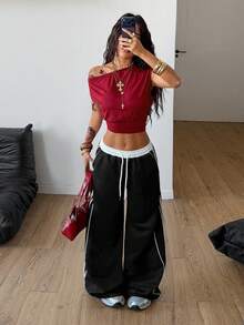 Coolane Women's Spring/Summer Concert Outfit Streetwear Sport Wear Daily Wear Basic Casual Y2K Stretchy Asymmetrical Neck Cropped T-Shirt - Burgundy - View 2