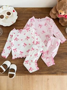 SHEIN 4件套新生女宝宝休闲可爱针织蝴蝶结图案长袖睡衣套装 - 彩色 - 查看 4