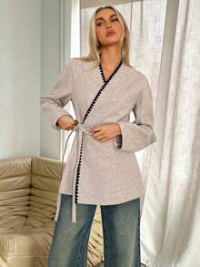 Siren Gaze Women's Autumn/Winter New Blended Contrast Binding Wrap Knot Woolen Coat Tie Front Cardigan Wrap Tops For Women Tie Up Shirt Women Blouses Elegant Tie Front Blouse - Apricot - View 4