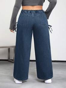 SHEIN PETITE CURVE Plus Size Casual Distressed Criss-Cross Strap Denim Jeans - Blue - View 2