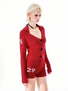 女士长袖提花针织开衫+针织短裤套装 - 酒紅色 - 查看 4