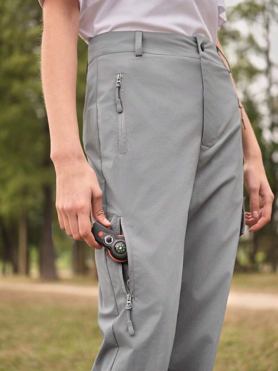 SHEIN In My Nature 女士纯色拉链口袋直筒宽松户外裤 - 淺灰色 - 查看 1