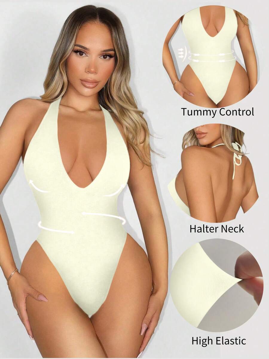 Sirith Women's Solid Color Seamless Plunging V-Neck Bodysuit Backless - Beige - View 1