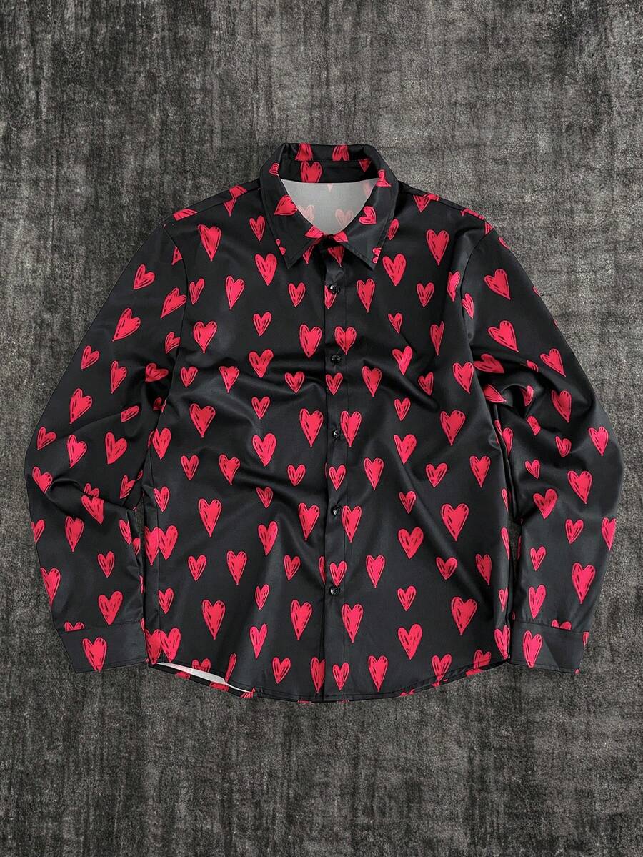 GENTILAND Digital Heart Print Men's Long Sleeve Single-Breasted Casual Shirt - Multicolor - View 1