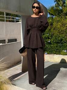 Livesso 优雅女士两件套，宽松商务休闲时尚街头风荷叶边褶皱腰身办公室穿着套头衫和直筒裤，适合秋冬季节穿着。 - 棕色 - 查看 3
