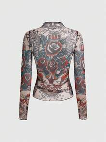 ROMWE Avant 女士 Y2K 千禧复古玫瑰骷髅纹身图腾网纱印花上衣 - 彩色 - 查看 2