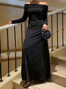 DAZY 女士露肩长袖闪亮迷人优雅连衣裙 - 黑色 - 查看 6