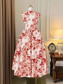 Rometta 大码女士优雅印花褶皱中长连衣裙，无袖，适合夏季日常穿着 - 棕色 - 查看 2