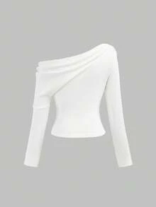 Firerie Kids 少女不对称肩针织上衣T恤，休闲时尚百搭街头风 - 白色 - 查看 2