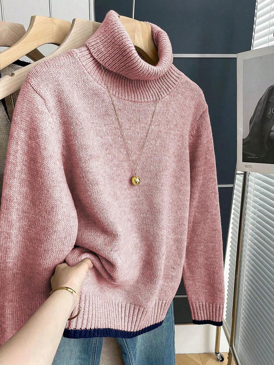 Franclia 法式复古宽松高领长袖撞色滚边针织套头毛衣，女士秋冬款 - 粉色 - 查看 1