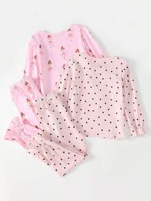 女童睡衣套装 - 两件套睡衣，粉色芭蕾舞印花，圆领长袖上衣+长裤，两件套睡衣，轻薄透气，四季皆宜，适合度假穿着，2026年必备睡前派对休闲礼物，可爱舒适经典款 - 淺粉色 - 查看 2