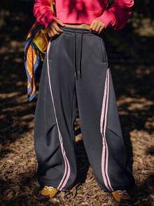 WanderVale Women's Striped Drawstring Waist Pleated Casual Wide Leg Pants,Fall/Winter Streetwear Oversized Contrast Color Cargo Pants,Loose Flowy Outdoor Wear - Dark Grey - View 3