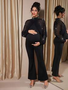 Momance 优雅串珠连体裤，孕妇款，长袖，黑色，秋季款 - 黑色 - 查看 1