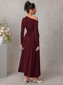 Momance Robe de maternité à manches longues asymétrique à épaule dénudée, couleur unie, convient pour les occasions de fête - Bordeaux - Voir 2