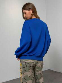 Mr Men Little Miss X SHEIN Women's Casual Cute Cartoon Rainbow & Letter Graphic Crew Neck Sweatshirt, Autumn - Blue - View 2