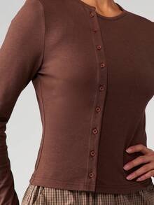 MISSGUIDED Áo dài tay cổ tròn dáng ôm, cài cúc bất đối xứng, màu nâu cổ điển, thời trang thu đông. - Cà phê nâu - Xem 3