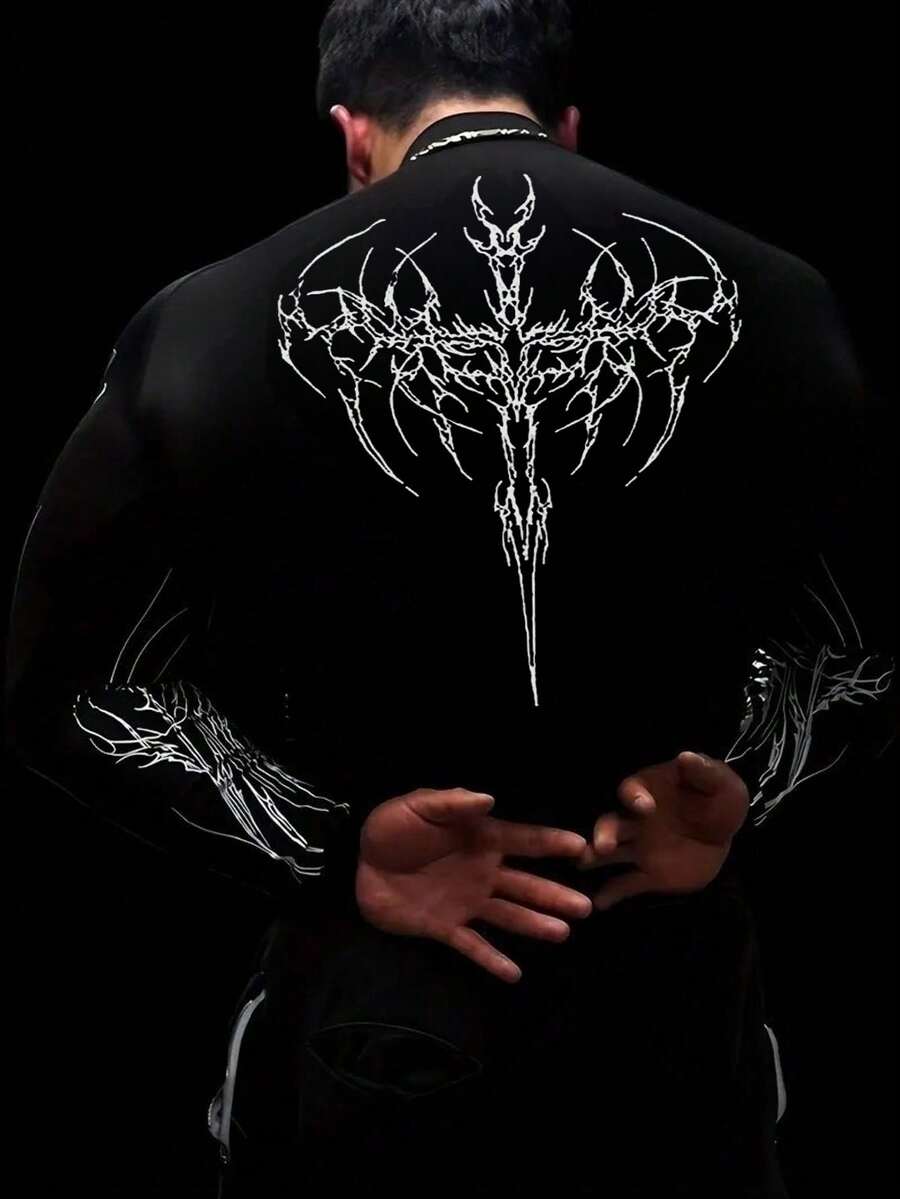 RISE LYT 男士时尚荆棘印花短袖运动T恤压缩衣 - 黑色 - 查看 1