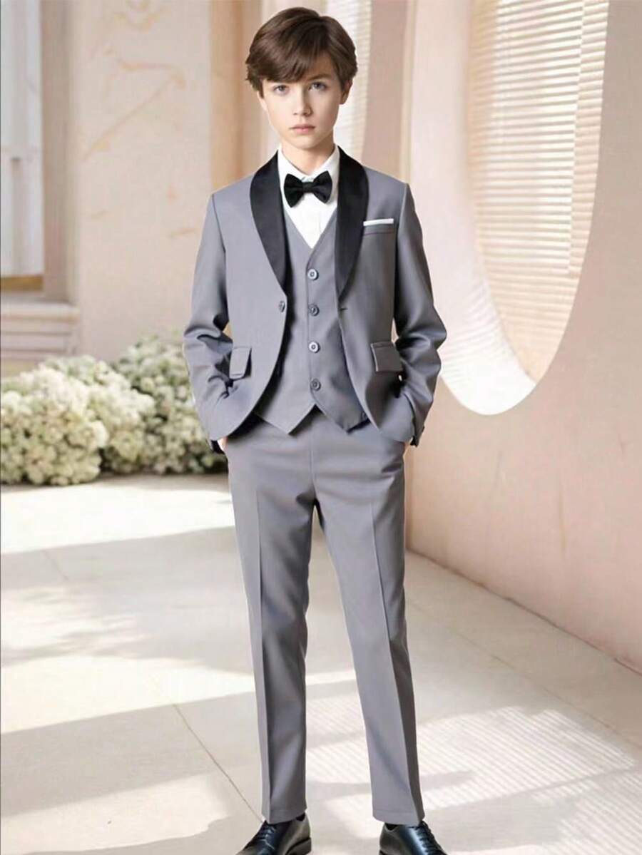 SHEIN 3 件套青少年男孩绅士套装：休闲西装外套 + 背心夹克 + 长裤，优雅的生日派对、婚礼、毕业典礼、周年纪念、婚礼嘉宾、花童、戒指持有者服装 - 灰色 - 查看 1