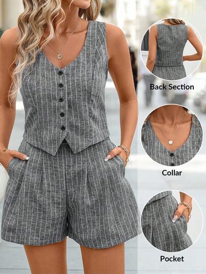 Editum Women's Summer Casual Striped Vest And Shorts Setelegantcasualgraphic Spring Summer Elegant  Formal