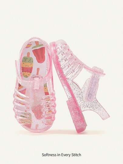 Cozy Pixies 1 Pair Fashionable, Versatile, Cute & Fun Princess Pink Transparent Soft & Comfortable Beach Crystal Colorful Tropical Strawberry Watermelon Flat Sandals For Infants