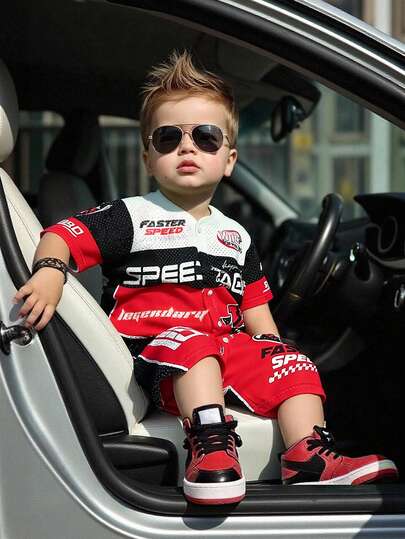 2pcs/Set Young Boys' Casual Blue & White Striped Polo Collar Short Sleeve Shirt And Elastic Waist Shorts Set, Suitable For Home, Outings, School, Travel And Vacation, Spring/Summer Racing Car