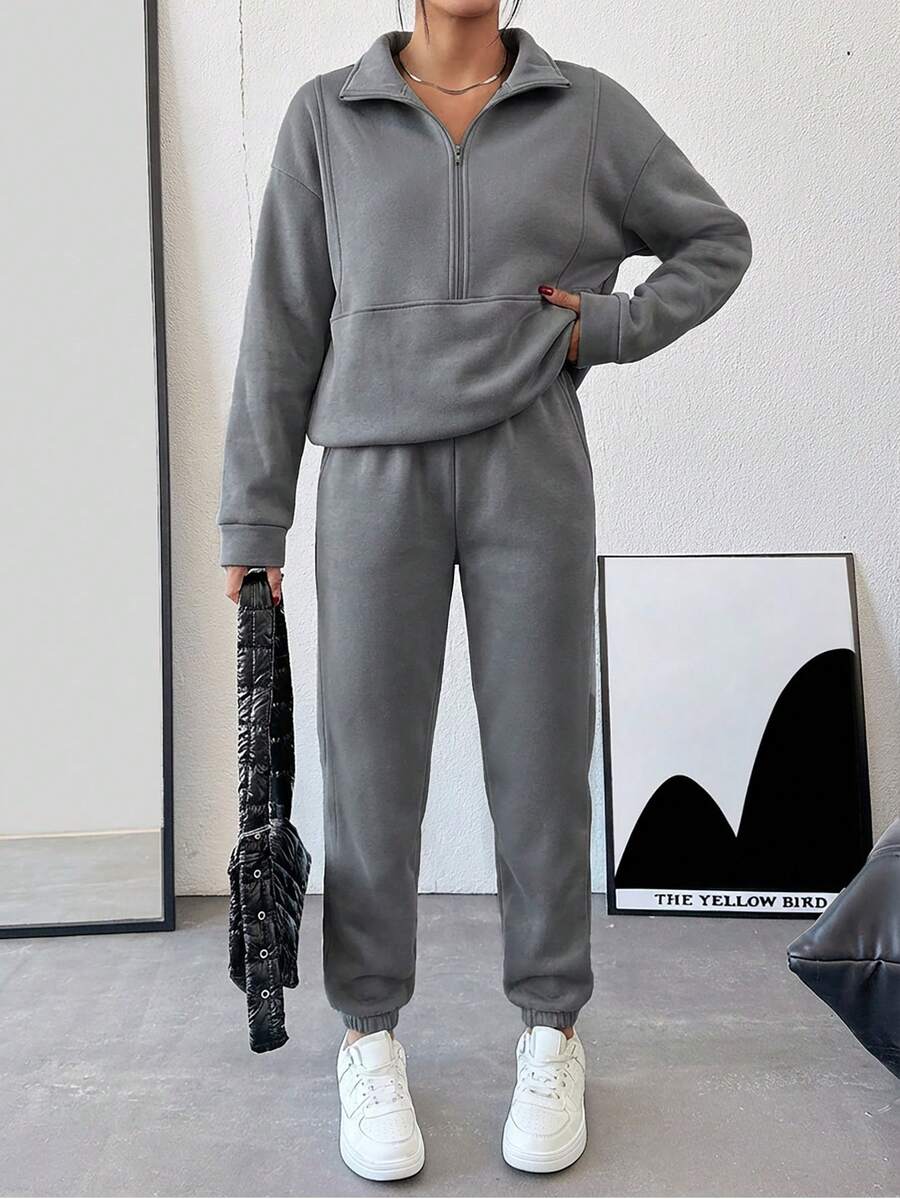 Half Zipper Drop Shoulder Sweatshirt Set With Jogger Pants,Winter,Fleeze - Light Grey - View 1